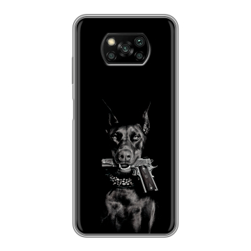 Пластиковый чехол на Xiaomi Poco X3 с принтом Доберман и пистолет