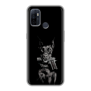 Силиконовый чехол на OPPO A53 с принтом Доберман и пистолет Силиконовый чехол на OPPO A53 с принтом Доберман и пистолет