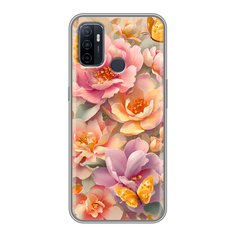Силиконовый чехол на OPPO A53 с принтом Цветы и бабочки Силиконовый чехол на OPPO A53 с принтом Цветы и бабочки