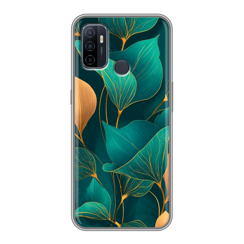 Силиконовый противоударный чехол на OPPO A53 с принтом Листья и золото Силиконовый противоударный чехол на OPPO A53 с принтом Листья и золото