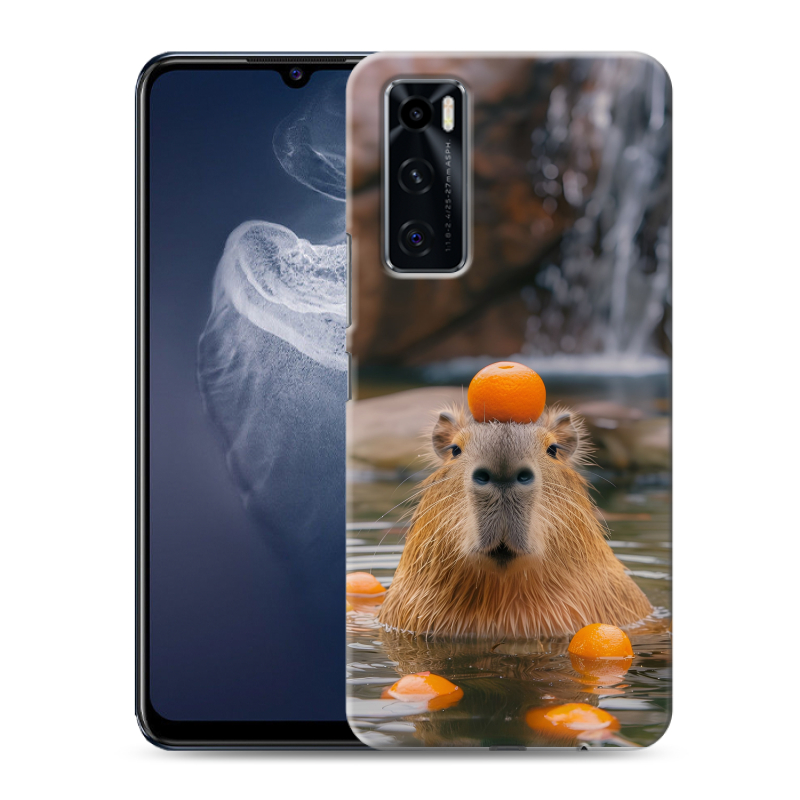 Силиконовый противоударный чехол на Vivo V20 SE с принтом Капибара с апельсином Силиконовый противоударный чехол на Vivo V20 SE с принтом Капибара с апельсином