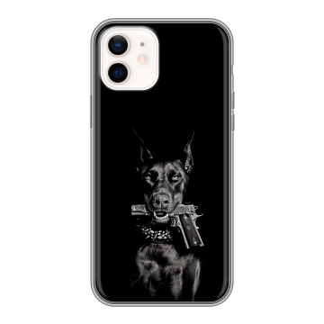 Силиконовый чехол на Iphone 12 с принтом Доберман и пистолет Силиконовый чехол на Iphone 12 с принтом Доберман и пистолет