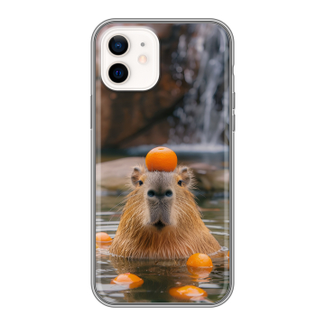Силиконовый чехол на Iphone 12 с принтом Капибара с апельсином Силиконовый чехол на Iphone 12 с принтом Капибара с апельсином