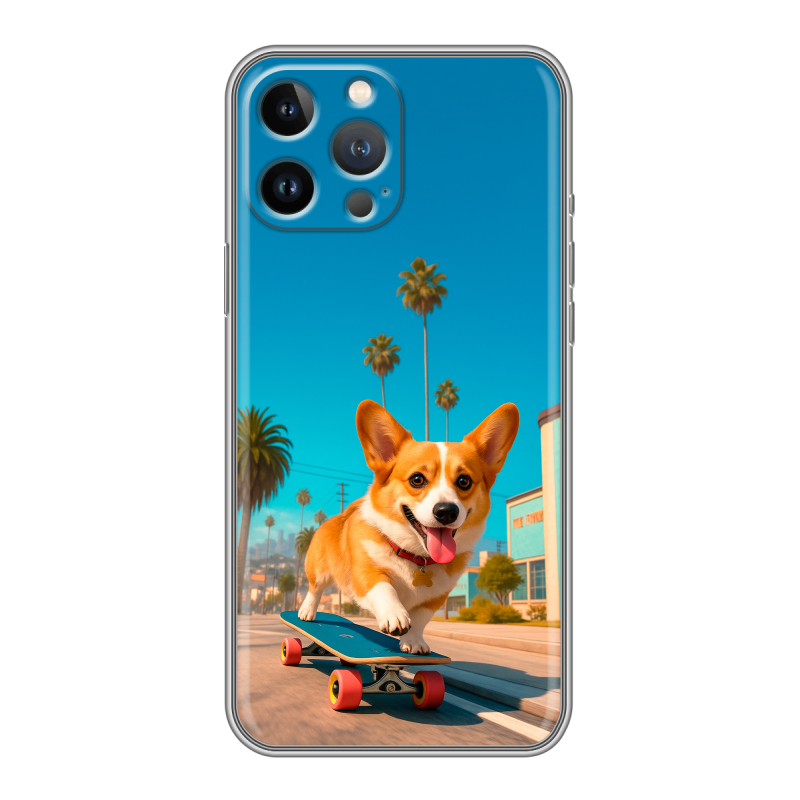 Силиконовый противоударный чехол на Iphone 12 Pro Max с принтом Корги на скейте Силиконовый противоударный чехол на Iphone 12 Pro Max с принтом Корги на скейте