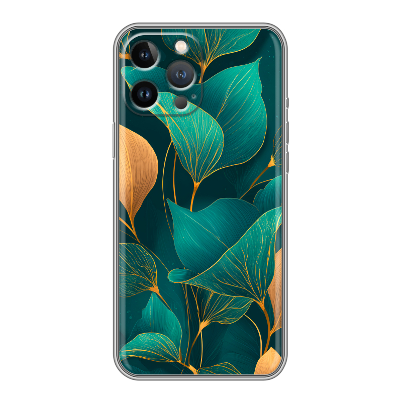 Силиконовый противоударный чехол на Iphone 12 Pro Max с принтом Листья и золото Силиконовый противоударный чехол на Iphone 12 Pro Max с принтом Листья и золото