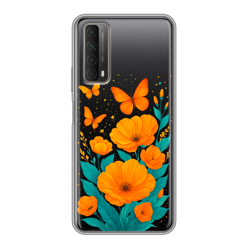 Силиконовый противоударный чехол на Huawei P Smart (2021) с принтом цветы бабочки Силиконовый противоударный чехол на Huawei P Smart (2021) с принтом цветы бабочки