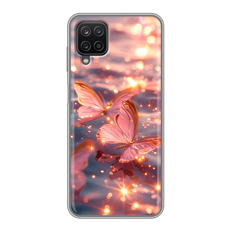 Силиконовый противоударный чехол на Samsung Galaxy A12 с принтом бабочки розовые Силиконовый противоударный чехол на Samsung Galaxy A12 с принтом бабочки розовые