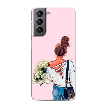 Силиконовый чехол на Samsung Galaxy S21 с принтом Девушка и букет Силиконовый чехол на Samsung Galaxy S21 с принтом Девушка и букет