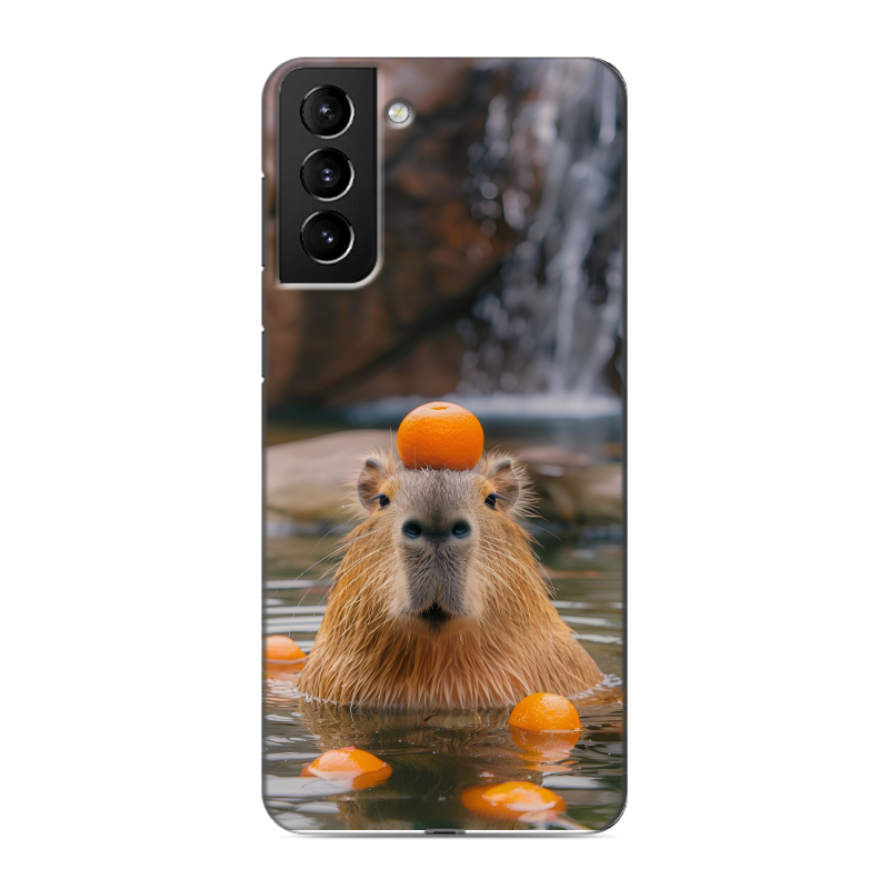 Силиконовый противоударный чехол на Samsung Galaxy S21 Plus с принтом Капибара с апельсином Силиконовый противоударный чехол на Samsung Galaxy S21 Plus с принтом Капибара с апельсином
