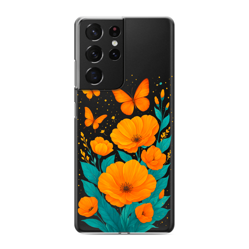 Силиконовый чехол на Samsung Galaxy S21 Ultra с принтом цветы бабочки Силиконовый чехол на Samsung Galaxy S21 Ultra с принтом цветы бабочки