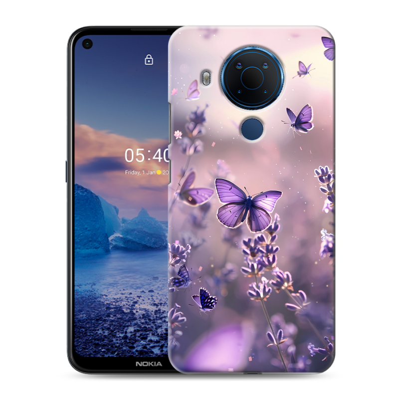Силиконовый противоударный чехол на Nokia 5.4 с принтом бабочки и лаванда Силиконовый противоударный чехол на Nokia 5.4 с принтом бабочки и лаванда