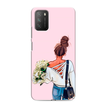 Силиконовый противоударный чехол на Xiaomi Poco M3 с принтом Девушка и букет Силиконовый противоударный чехол на Xiaomi Poco M3 с принтом Девушка и букет