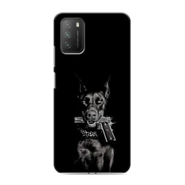 Силиконовый противоударный чехол на Xiaomi Poco M3 с принтом Доберман и пистолет Силиконовый противоударный чехол на Xiaomi Poco M3 с принтом Доберман и пистолет