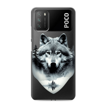 Силиконовый противоударный чехол на Xiaomi Poco M3 с принтом Волк в лесу Силиконовый противоударный чехол на Xiaomi Poco M3 с принтом Волк в лесу
