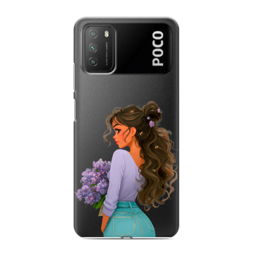 Силиконовый противоударный чехол на Xiaomi Poco M3 с принтом девушка цветы