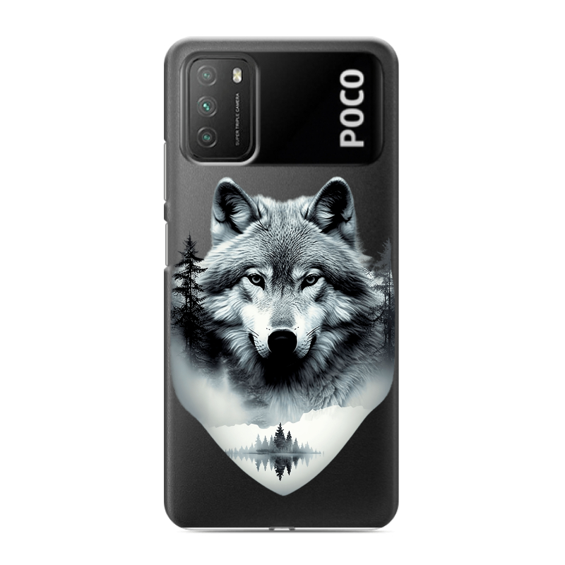 Пластиковый чехол на Xiaomi Poco M3 с принтом Волк в лесу Пластиковый чехол на Xiaomi Poco M3 с принтом Волк в лесу