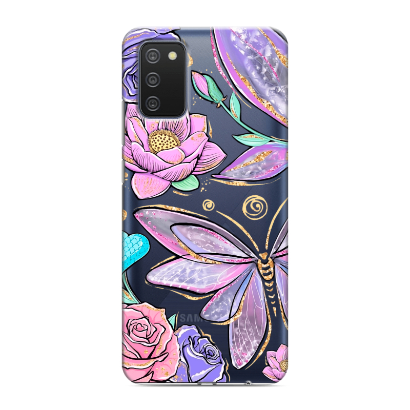 Силиконовый противоударный чехол на Samsung Galaxy A02s с принтом Бабочки и цветы Силиконовый противоударный чехол на Samsung Galaxy A02s с принтом Бабочки и цветы