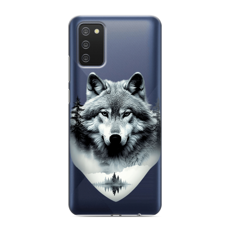 Силиконовый противоударный чехол на Samsung Galaxy A02s с принтом Волк в лесу Силиконовый противоударный чехол на Samsung Galaxy A02s с принтом Волк в лесу