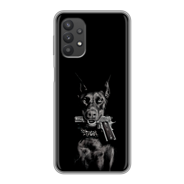 Силиконовый чехол на Samsung Galaxy A32 с принтом Доберман и пистолет Силиконовый чехол на Samsung Galaxy A32 с принтом Доберман и пистолет