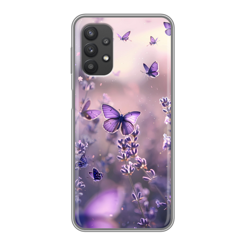 Силиконовый противоударный чехол на Samsung Galaxy A32 с принтом бабочки и лаванда Силиконовый противоударный чехол на Samsung Galaxy A32 с принтом бабочки и лаванда