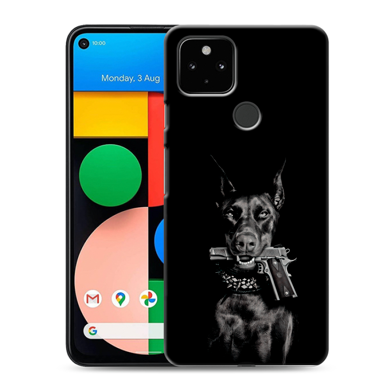 Силиконовый чехол на Google Pixel 4a 5G с принтом Доберман и пистолет Силиконовый чехол на Google Pixel 4a 5G с принтом Доберман и пистолет
