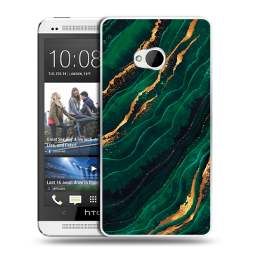 Пластиковый чехол на HTC One (M7) Dual SIM модель 2013 год с принтом Мрамор зеленое золото