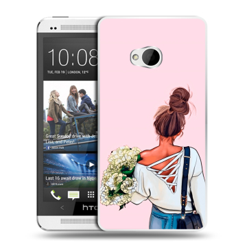 Пластиковый чехол на HTC One (M7) Dual SIM модель 2013 год с принтом Девушка и букет