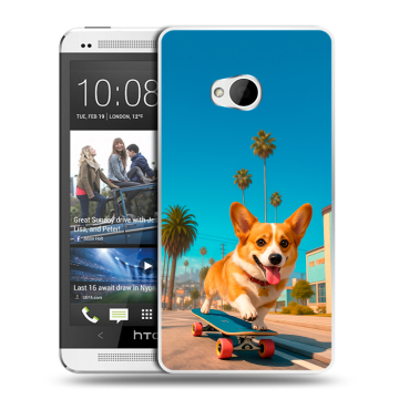 Пластиковый чехол на HTC One (M7) Dual SIM с принтом Корги на скейте Пластиковый чехол на HTC One (M7) Dual SIM с принтом Корги на скейте