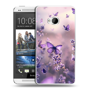 Пластиковый чехол на HTC One (M7) Dual SIM с принтом бабочки и лаванда Пластиковый чехол на HTC One (M7) Dual SIM с принтом бабочки и лаванда