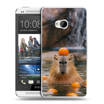 Пластиковый чехол на HTC One (M7) Dual SIM с принтом Капибара с апельсином Пластиковый чехол на HTC One (M7) Dual SIM с принтом Капибара с апельсином
