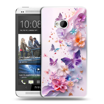Пластиковый чехол на HTC One (M7) Dual SIM с принтом цветы бабочки