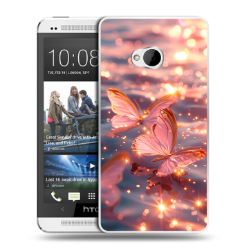 Пластиковый чехол на HTC One (M7) Dual SIM с принтом бабочки розовые Пластиковый чехол на HTC One (M7) Dual SIM с принтом бабочки розовые