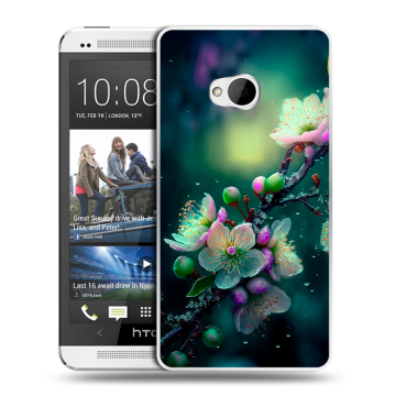 Пластиковый чехол на HTC One (M7) Dual SIM с принтом Цветы и мрамор