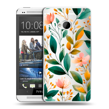 Пластиковый чехол на HTC One (M7) Dual SIM с принтом Цветы паттерн
