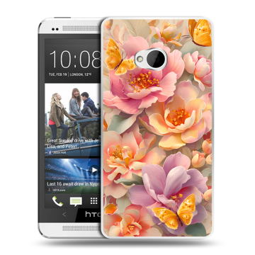 Пластиковый чехол на HTC One (M7) Dual SIM с принтом Цветы и бабочки