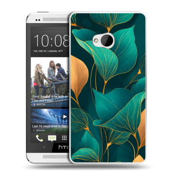 Пластиковый чехол на HTC One (M7) Dual SIM с принтом Листья и золото