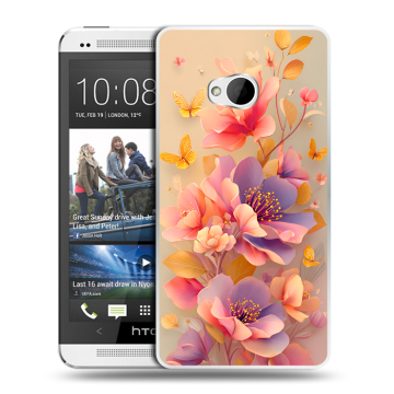 Пластиковый чехол на HTC One (M7) Dual SIM с принтом Цветы и бабочки