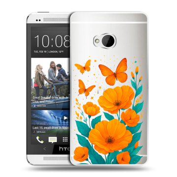 Пластиковый чехол на HTC One (M7) Dual SIM с принтом цветы бабочки