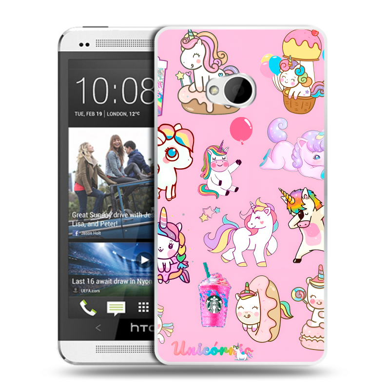 Пластиковый чехол на HTC One (M7) Dual SIM с принтом розовые единороги Пластиковый чехол на HTC One (M7) Dual SIM с принтом розовые единороги