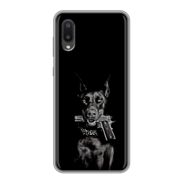 Силиконовый чехол на Samsung Galaxy A02 с принтом Доберман и пистолет Силиконовый чехол на Samsung Galaxy A02 с принтом Доберман и пистолет