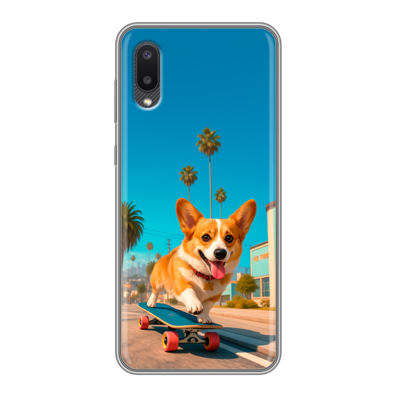 Силиконовый противоударный чехол на Samsung Galaxy A02 с принтом Корги на скейте Силиконовый противоударный чехол на Samsung Galaxy A02 с принтом Корги на скейте