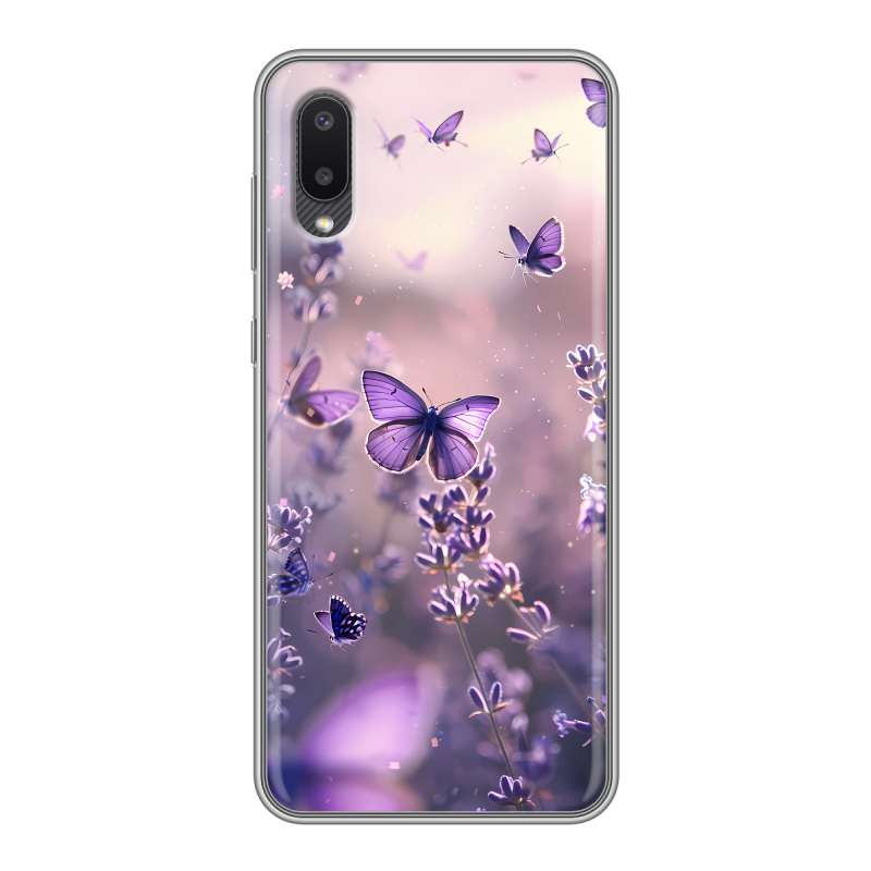Пластиковый чехол на Samsung Galaxy A02 с принтом бабочки и лаванда Пластиковый чехол на Samsung Galaxy A02 с принтом бабочки и лаванда
