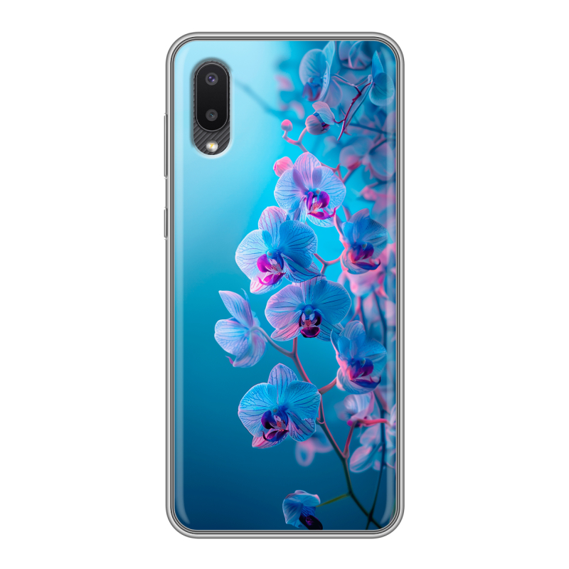 Силиконовый противоударный чехол на Samsung Galaxy A02 с принтом голубые орхидеи Силиконовый противоударный чехол на Samsung Galaxy A02 с принтом голубые орхидеи