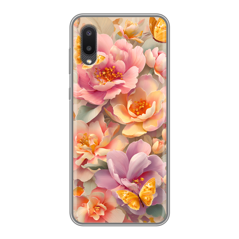 Силиконовый противоударный чехол на Samsung Galaxy A02 с принтом Цветы и бабочки Силиконовый противоударный чехол на Samsung Galaxy A02 с принтом Цветы и бабочки
