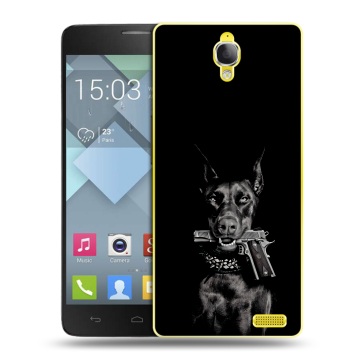 Пластиковый чехол на Alcatel One Touch Idol X с принтом Доберман и пистолет