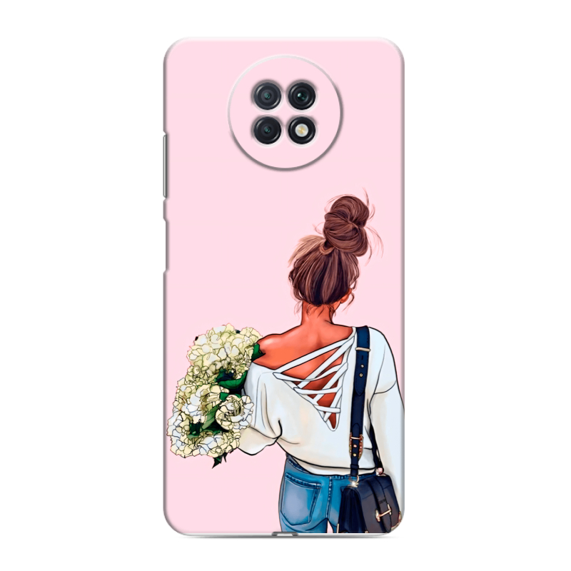 Силиконовый противоударный чехол на Xiaomi RedMi Note 9T с принтом Девушка и букет Силиконовый противоударный чехол на Xiaomi RedMi Note 9T с принтом Девушка и букет