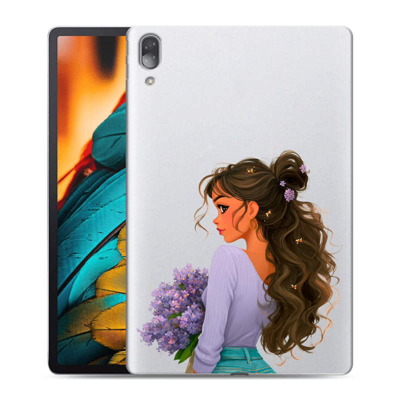 Силиконовый противоударный чехол на Lenovo Tab P11 Pro с принтом девушка цветы Силиконовый противоударный чехол на Lenovo Tab P11 Pro с принтом девушка цветы