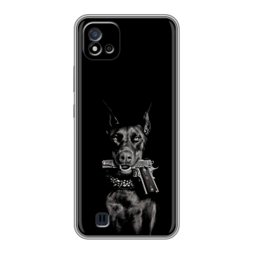 Силиконовый чехол на Realme C20 с принтом Доберман и пистолет Силиконовый чехол на Realme C20 с принтом Доберман и пистолет