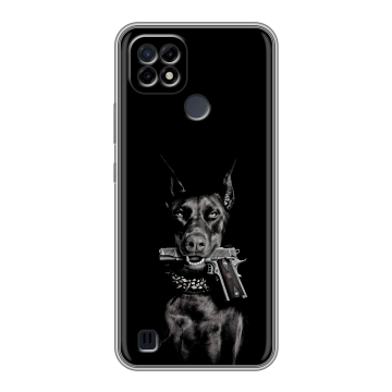 Силиконовый чехол на Realme C21 с принтом Доберман и пистолет Силиконовый чехол на Realme C21 с принтом Доберман и пистолет