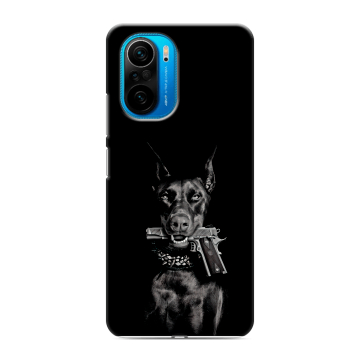 Силиконовый чехол на Xiaomi Poco F3 с принтом Доберман и пистолет Силиконовый чехол на Xiaomi Poco F3 с принтом Доберман и пистолет